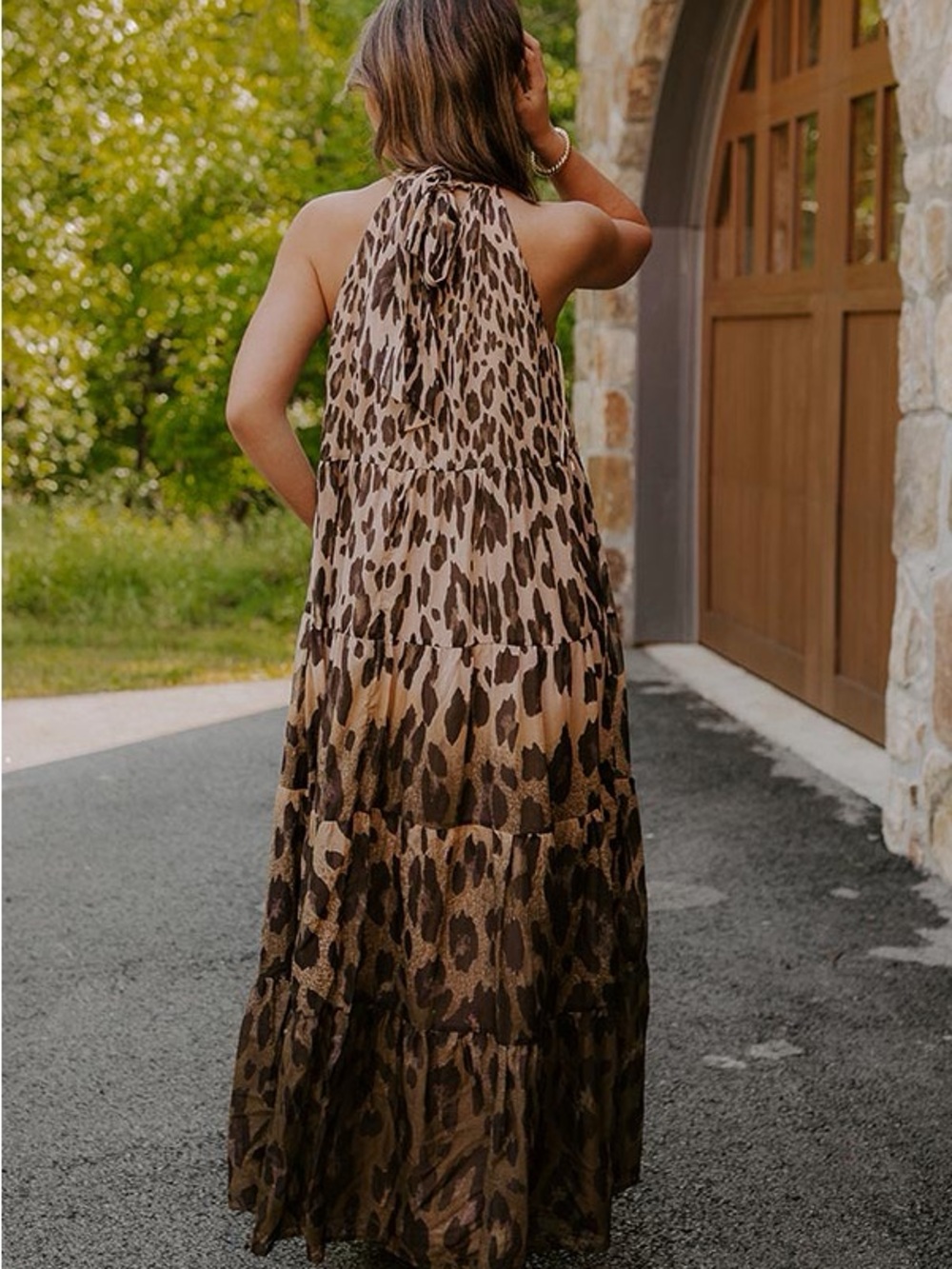 NWT Impressions Leopard Halter Tiered Maxi Dress - Brown - Picture 5 of 8